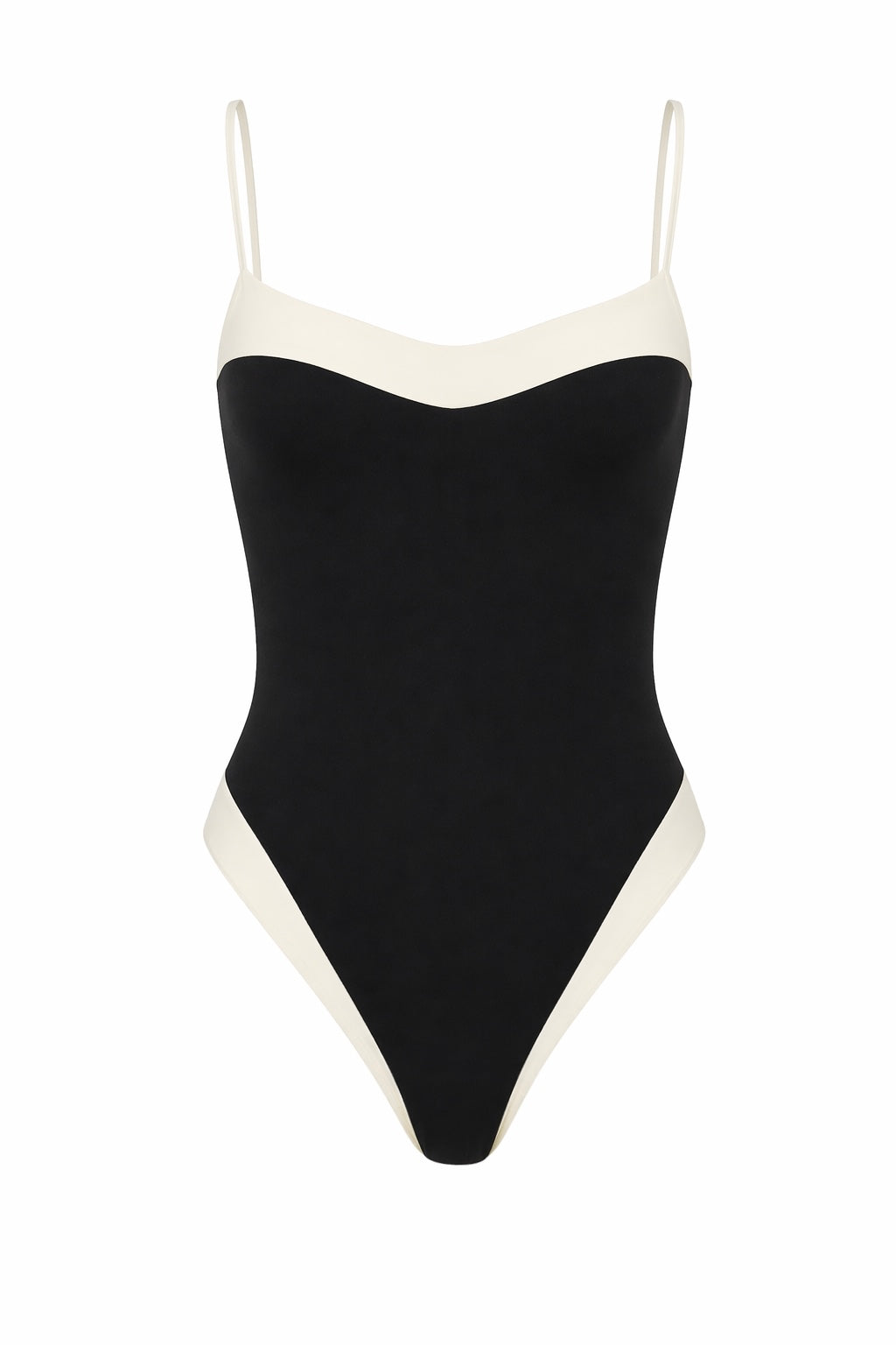 Black swimsuit with white straps on a white background