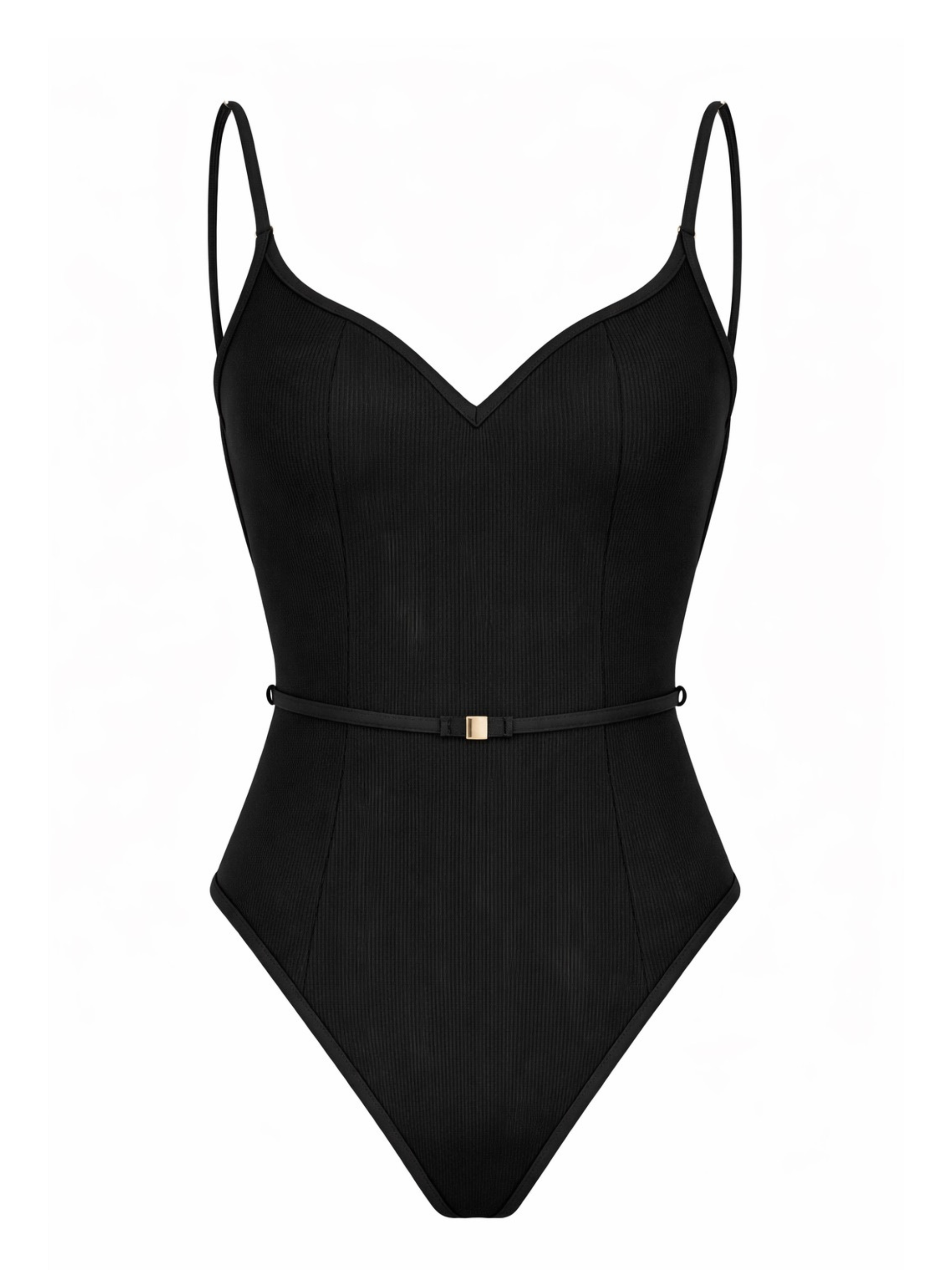 Black swimsuit with thin straps on a white background