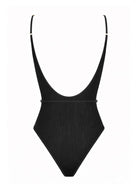 Black one-piece swimsuit with thin straps on a white background