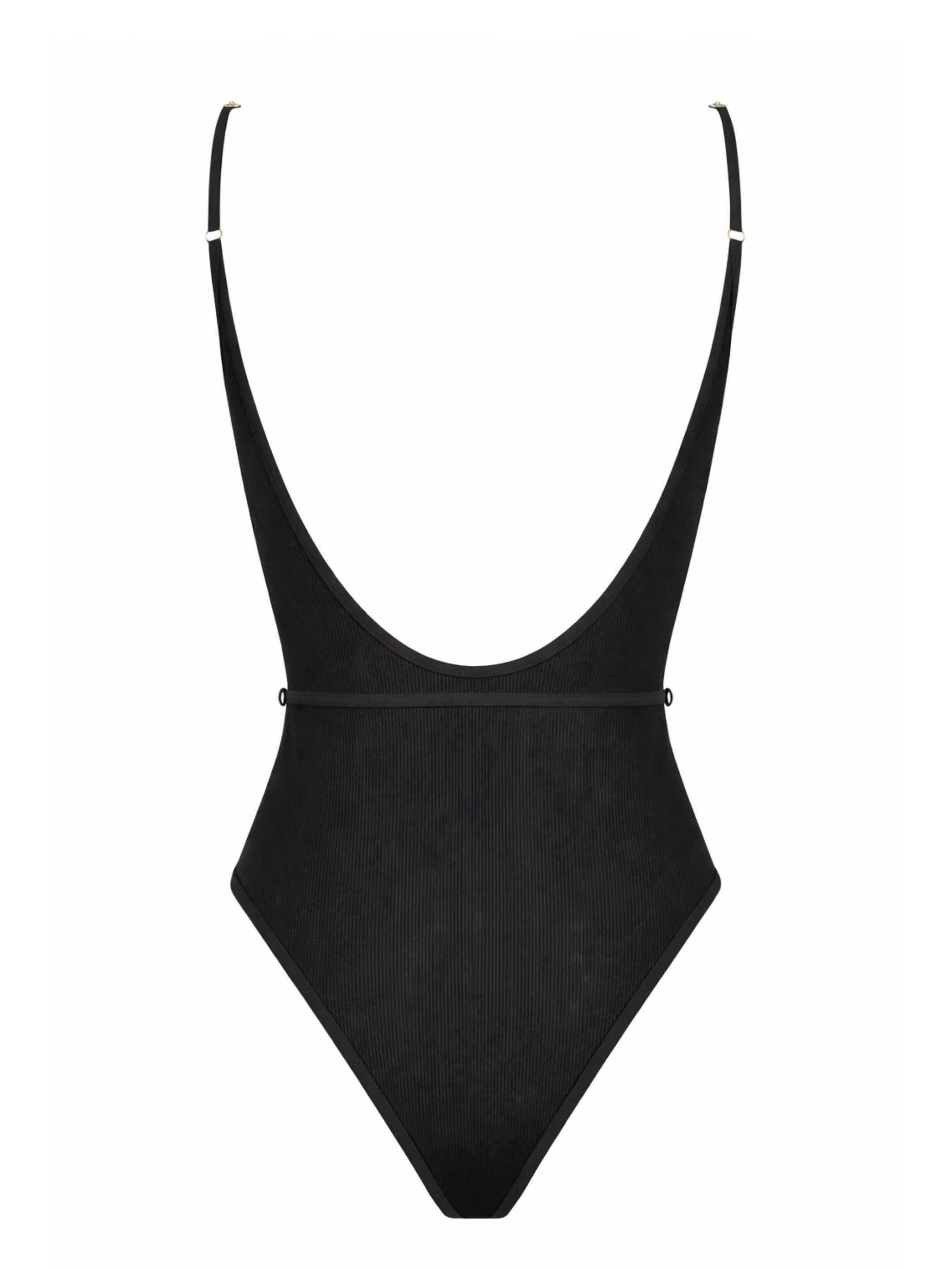 Black one-piece swimsuit with thin straps on a white background