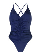 Navy sculpting one-piece swimsuit with adjustable straps, triangle neckline, and tummy control Power Mesh – luxury beachwear by Riobamba swimwear