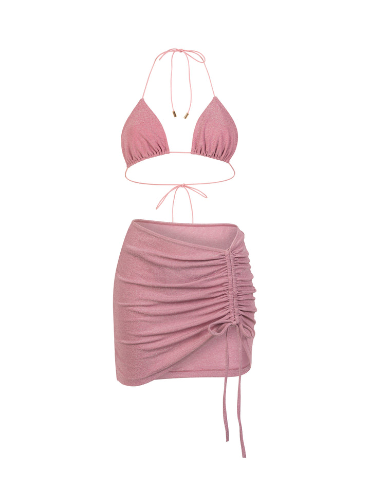 Shimmer Bikini Set With Skirt-Light Pink